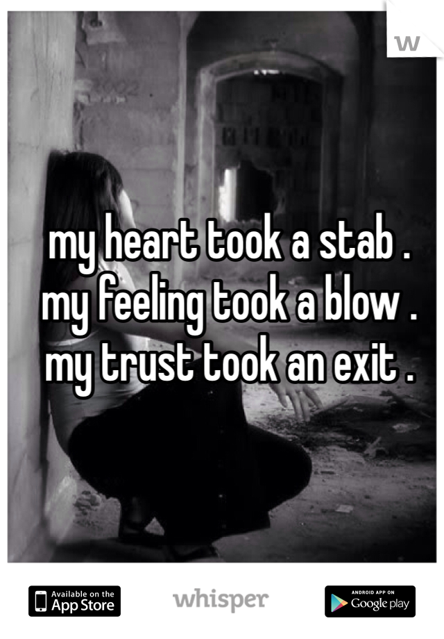 my heart took a stab . 
my feeling took a blow . 
my trust took an exit . 