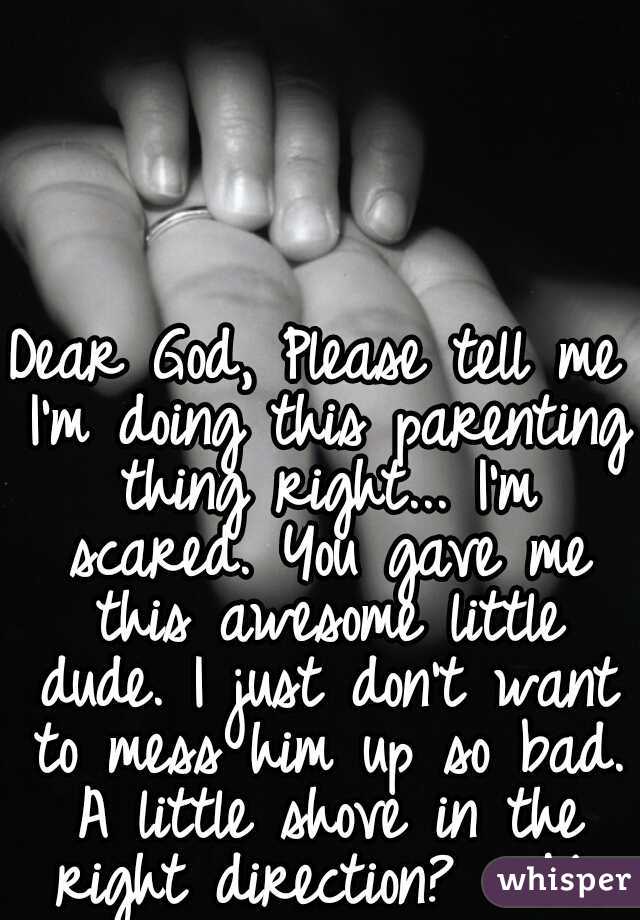 Dear God, Please tell me I'm doing this parenting thing right... I'm scared. You gave me this awesome little dude. I just don't want to mess him up so bad. A little shove in the right direction? ~ Me