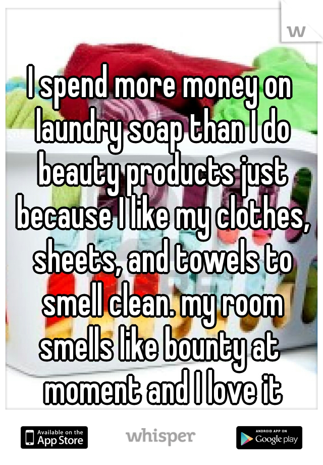 I spend more money on laundry soap than I do beauty products just because I like my clothes, sheets, and towels to smell clean. my room smells like bounty at  moment and I love it