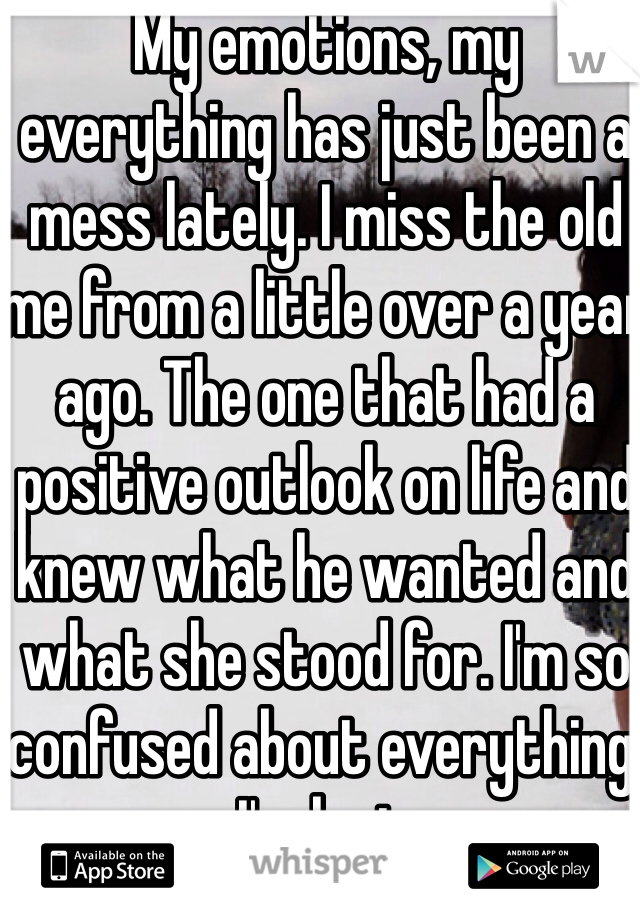 My emotions, my everything has just been a mess lately. I miss the old me from a little over a year ago. The one that had a positive outlook on life and knew what he wanted and what she stood for. I'm so confused about everything. I'm lost. 