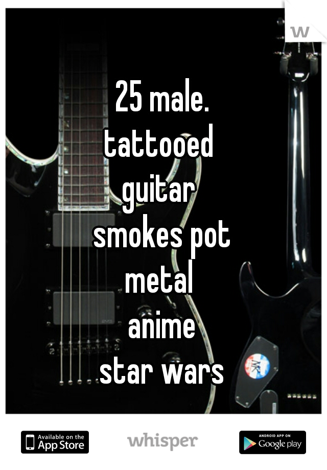 25 male.
tattooed 
guitar 
smokes pot
metal 
anime
star wars
