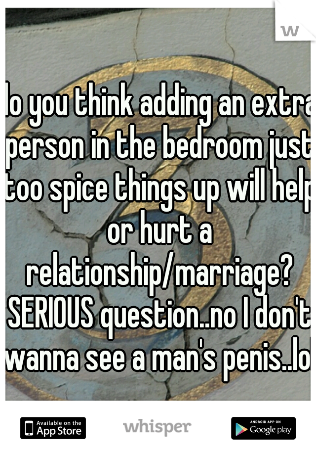 do you think adding an extra person in the bedroom just too spice things up will help or hurt a relationship/marriage? SERIOUS question..no I don't wanna see a man's penis..lol