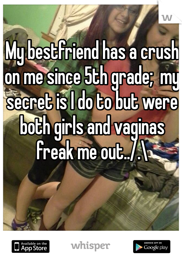 My bestfriend has a crush on me since 5th grade;  my secret is I do to but were both girls and vaginas freak me out../.\ 