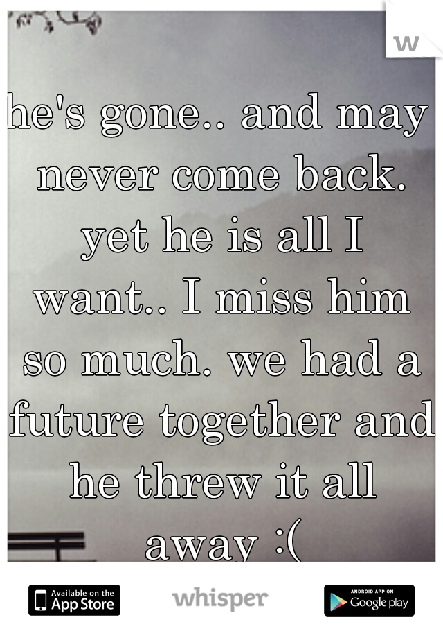 he's gone.. and may never come back. yet he is all I want.. I miss him so much. we had a future together and he threw it all away :(