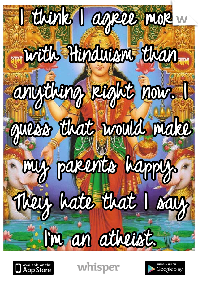 I think I agree more with Hinduism than anything right now. I guess that would make my parents happy. They hate that I say I'm an atheist.