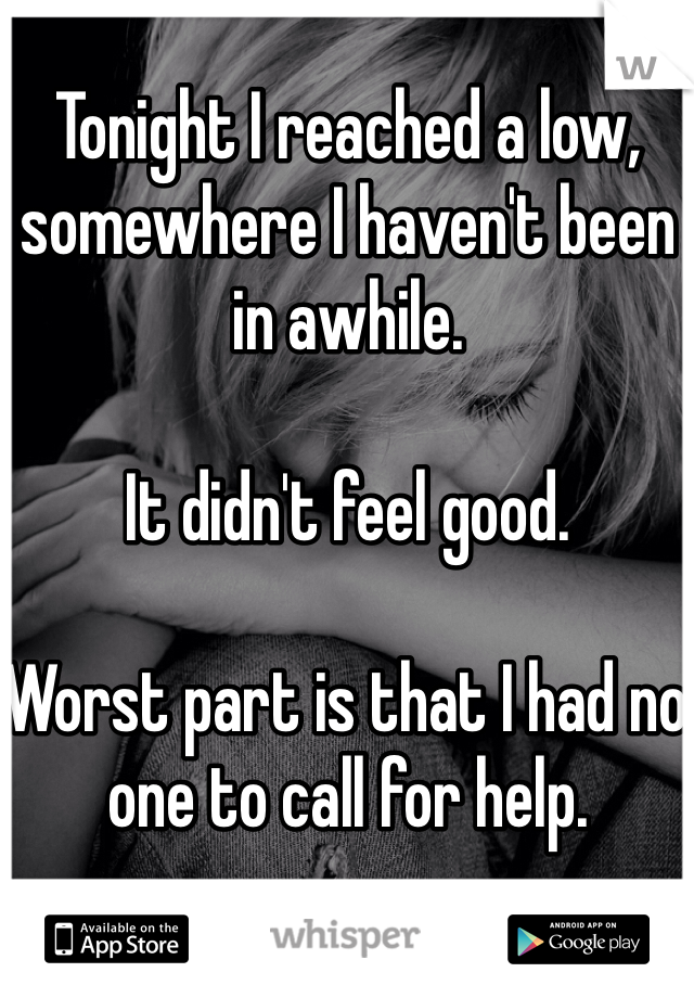 Tonight I reached a low, somewhere I haven't been in awhile. 

It didn't feel good. 

Worst part is that I had no one to call for help. 