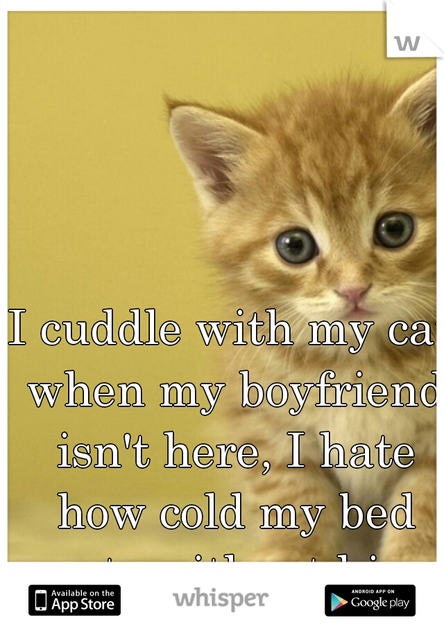 I cuddle with my cat when my boyfriend isn't here, I hate how cold my bed gets without him