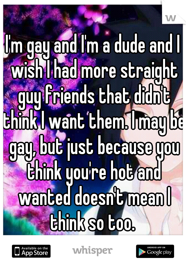 I'm gay and I'm a dude and I wish I had more straight guy friends that didn't think I want them. I may be gay, but just because you think you're hot and wanted doesn't mean I think so too. 