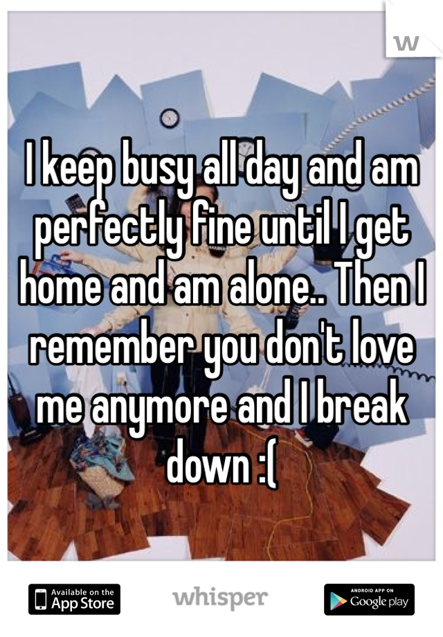 I keep busy all day and am perfectly fine until I get home and am alone.. Then I remember you don't love me anymore and I break down :(