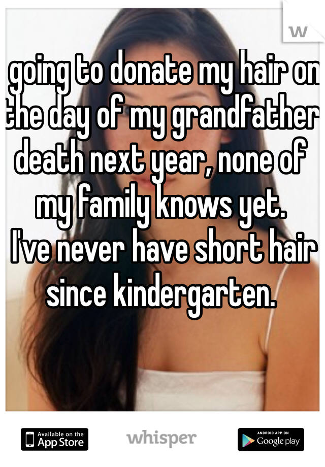 I going to donate my hair on the day of my grandfather death next year, none of my family knows yet.
 I've never have short hair since kindergarten.