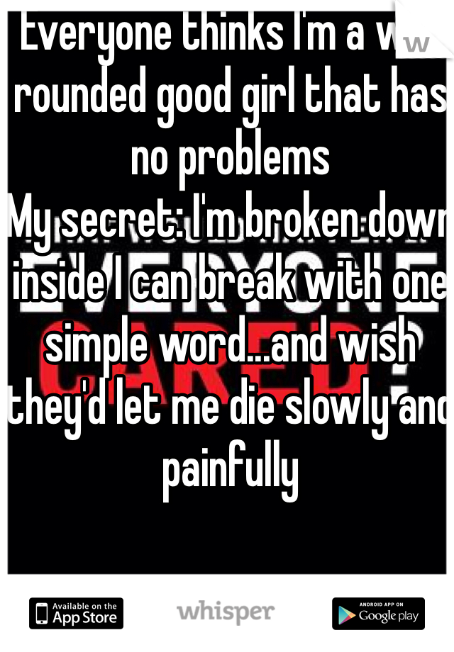 Everyone thinks I'm a well rounded good girl that has no problems
My secret: I'm broken down inside I can break with one simple word...and wish they'd let me die slowly and painfully 