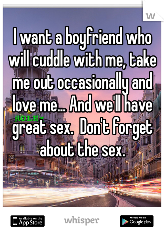 I want a boyfriend who will cuddle with me, take me out occasionally and love me... And we'll have great sex.  Don't forget about the sex. 