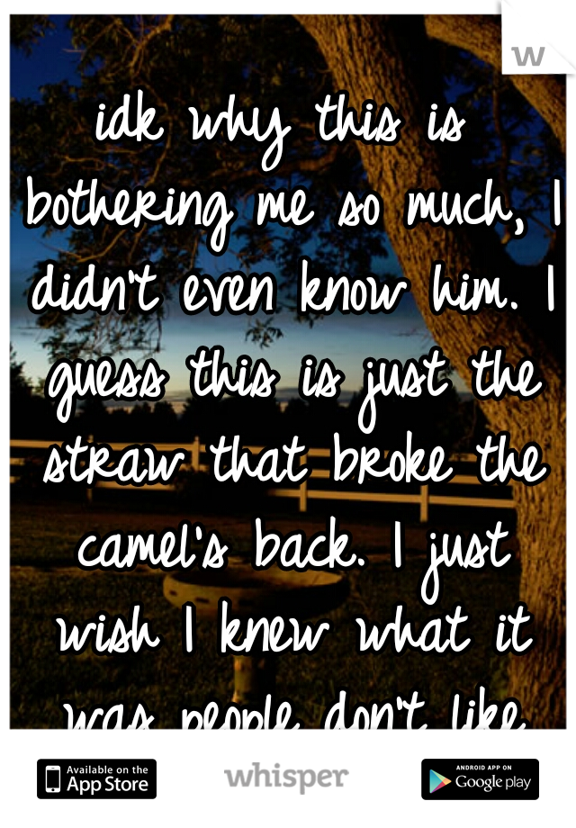 idk why this is bothering me so much, I didn't even know him. I guess this is just the straw that broke the camel's back. I just wish I knew what it was people don't like about me..
