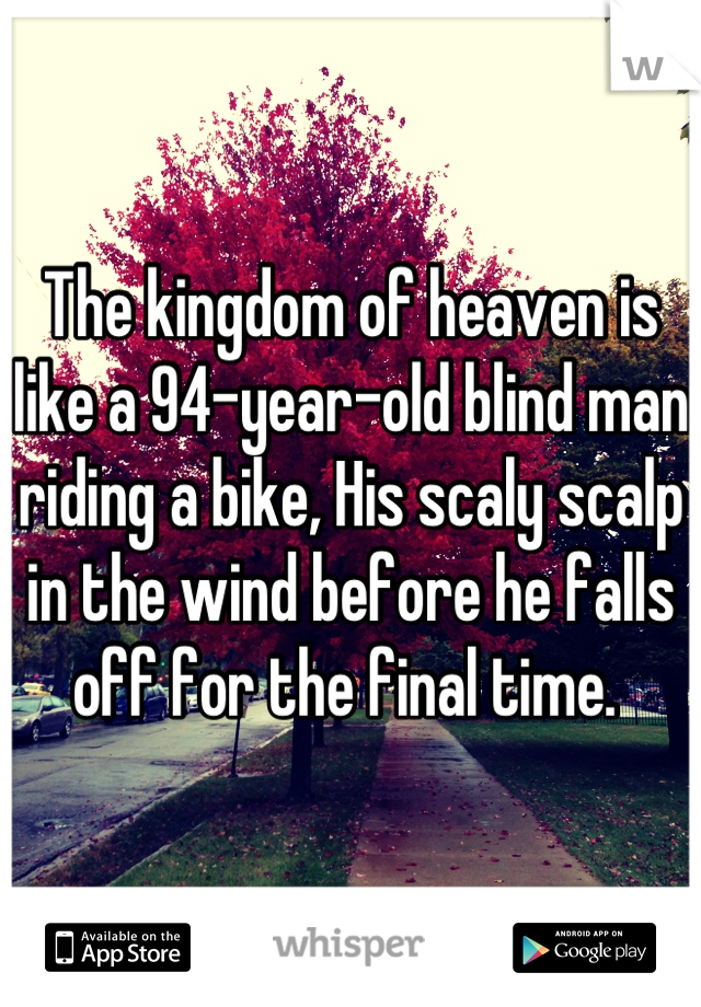 The kingdom of heaven is like a 94-year-old blind man riding a bike, His scaly scalp in the wind before he falls off for the final time. 