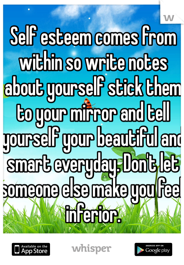 Self esteem comes from within so write notes about yourself stick them to your mirror and tell yourself your beautiful and smart everyday. Don't let someone else make you feel inferior.