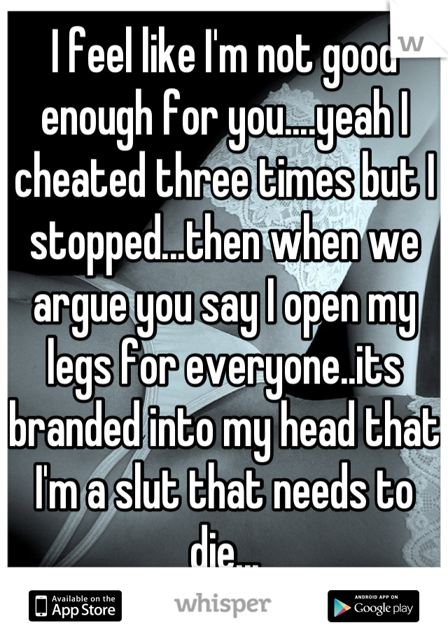 I feel like I'm not good enough for you....yeah I cheated three times but I stopped...then when we argue you say I open my legs for everyone..its branded into my head that I'm a slut that needs to die...