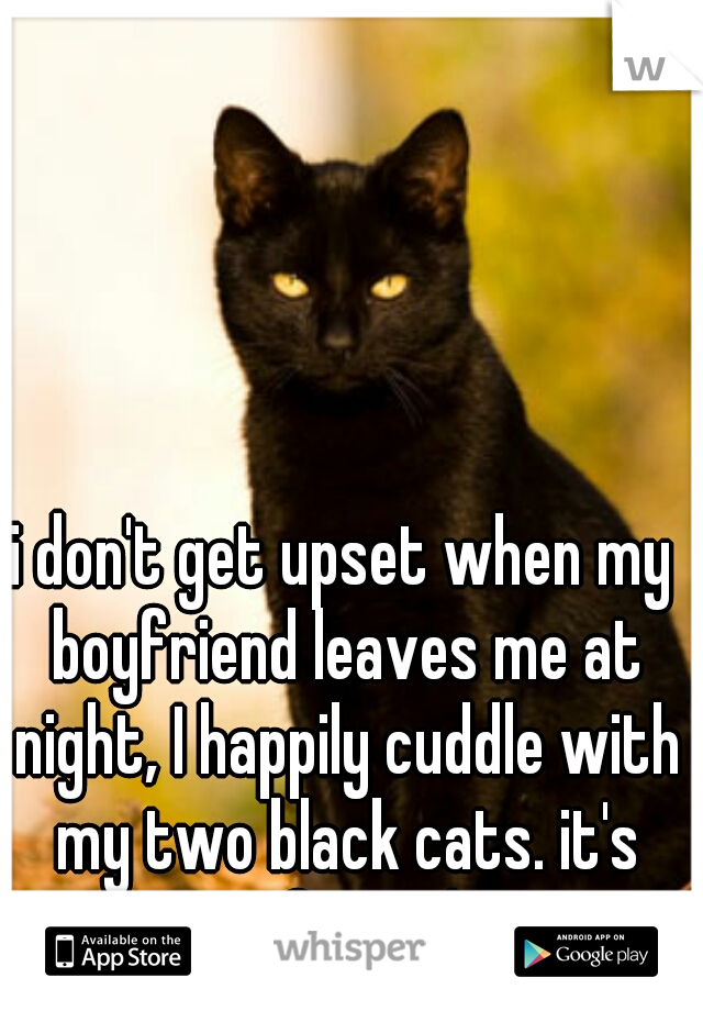 i don't get upset when my boyfriend leaves me at night, I happily cuddle with my two black cats. it's preferred.  