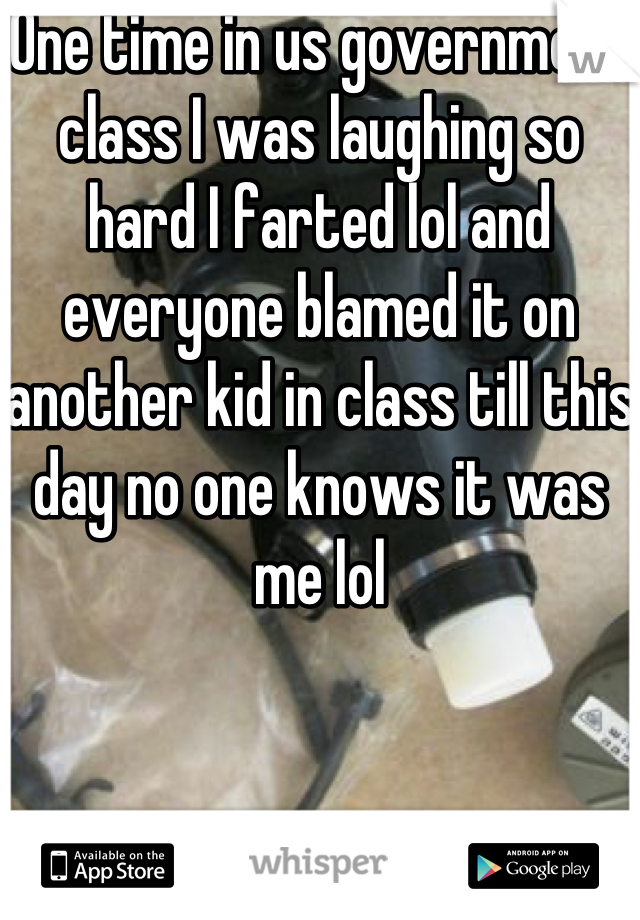 One time in us government class I was laughing so hard I farted lol and everyone blamed it on another kid in class till this day no one knows it was me lol