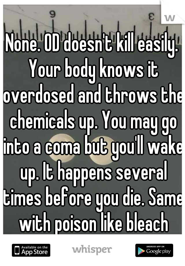 None. OD doesn't kill easily. Your body knows it overdosed and throws the chemicals up. You may go into a coma but you'll wake up. It happens several times before you die. Same with poison like bleach