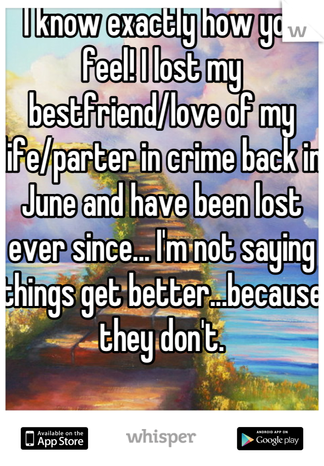 I know exactly how you feel! I lost my bestfriend/love of my life/parter in crime back in June and have been lost ever since... I'm not saying things get better...because they don't.