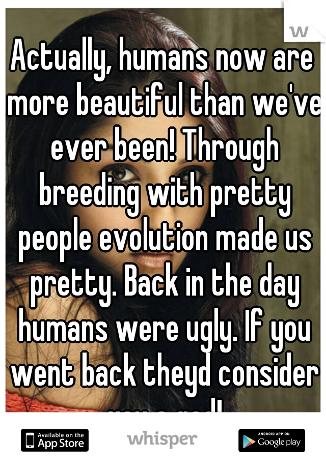 Actually, humans now are more beautiful than we've ever been! Through breeding with pretty people evolution made us pretty. Back in the day humans were ugly. If you went back theyd consider you a god!