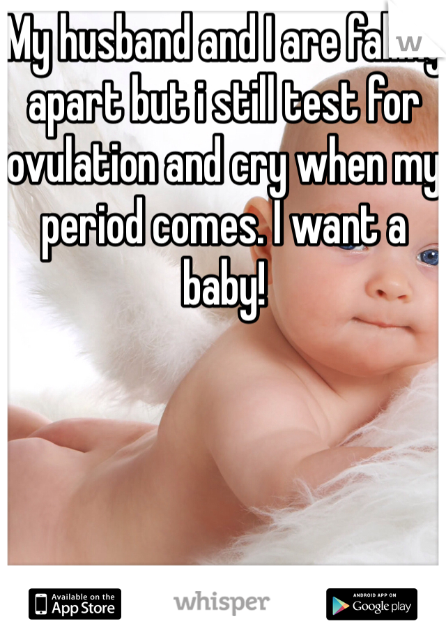 My husband and I are falling apart but i still test for ovulation and cry when my period comes. I want a baby! 