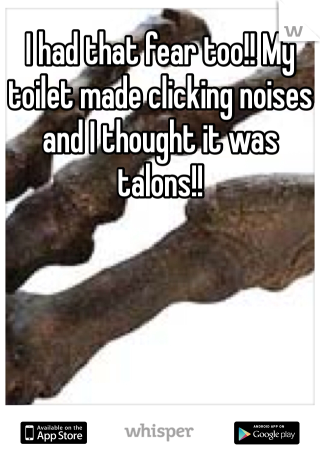 I had that fear too!! My toilet made clicking noises and I thought it was talons!! 