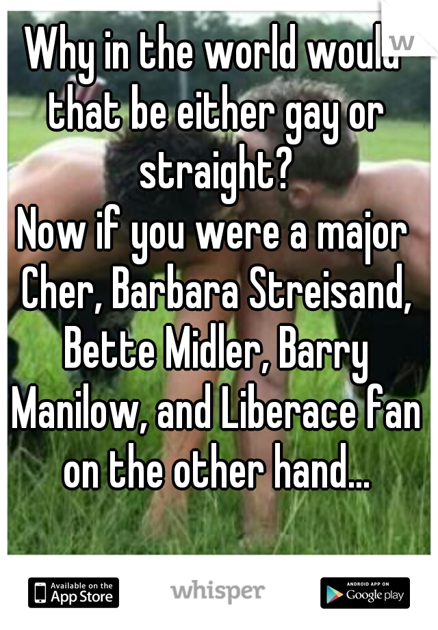 Why in the world would that be either gay or straight?
Now if you were a major Cher, Barbara Streisand, Bette Midler, Barry Manilow, and Liberace fan on the other hand...