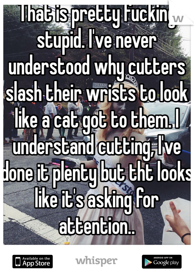 That is pretty fucking stupid. I've never understood why cutters slash their wrists to look like a cat got to them. I understand cutting, I've done it plenty but tht looks like it's asking for attention..
