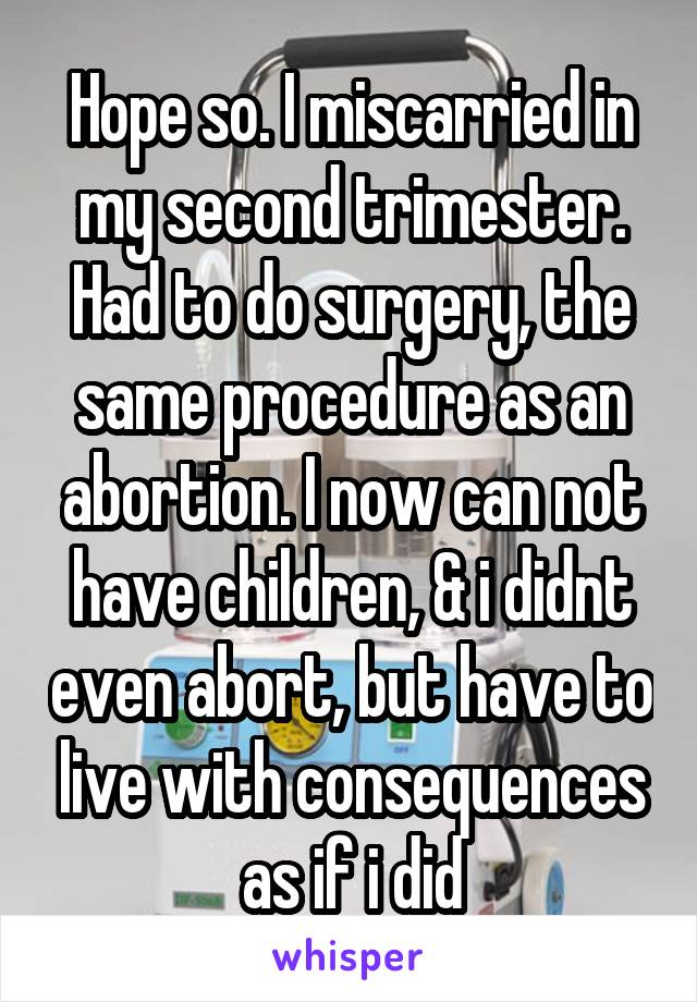 Hope so. I miscarried in my second trimester. Had to do surgery, the same procedure as an abortion. I now can not have children, & i didnt even abort, but have to live with consequences as if i did