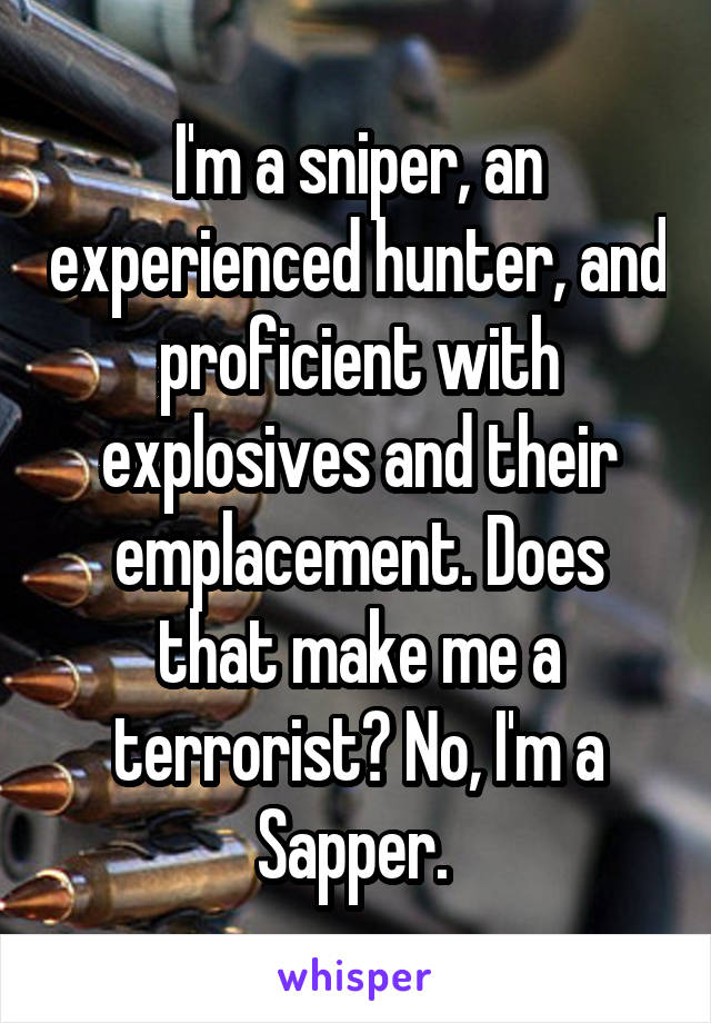 I'm a sniper, an experienced hunter, and proficient with explosives and their emplacement. Does that make me a terrorist? No, I'm a Sapper. 