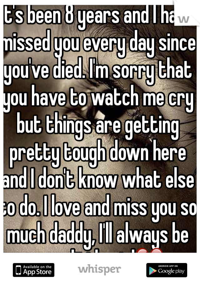 It's been 8 years and I have missed you every day since you've died. I'm sorry that  you have to watch me cry but things are getting pretty tough down here and I don't know what else to do. I love and miss you so much daddy, I'll always be your little girl💔