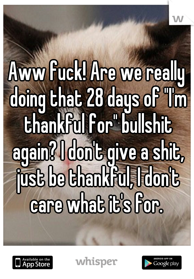 Aww fuck! Are we really doing that 28 days of "I'm thankful for" bullshit again? I don't give a shit, just be thankful, I don't care what it's for. 