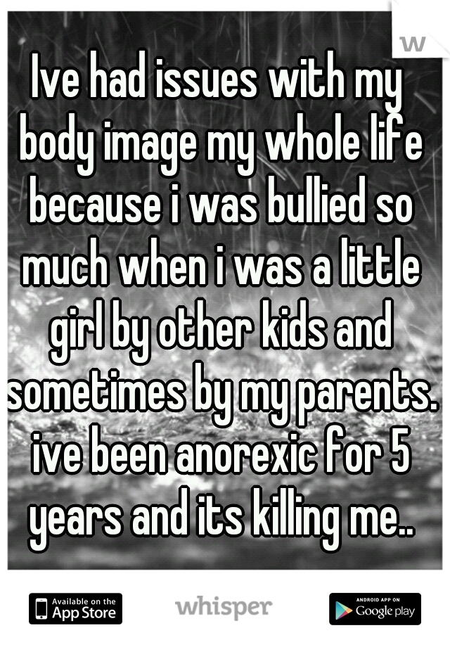 Ive had issues with my body image my whole life because i was bullied so much when i was a little girl by other kids and sometimes by my parents. ive been anorexic for 5 years and its killing me..