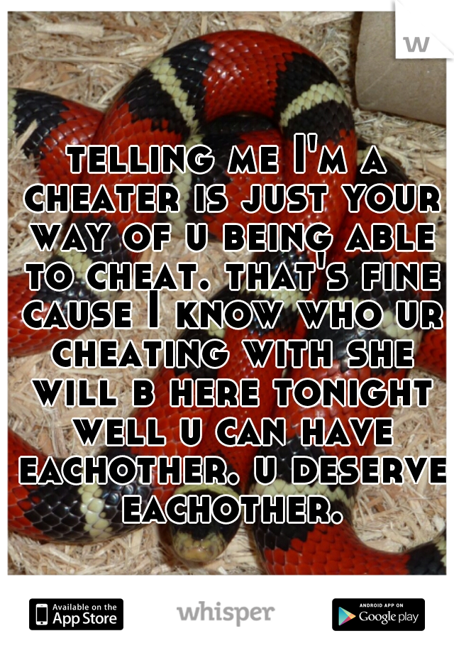 telling me I'm a cheater is just your way of u being able to cheat. that's fine cause I know who ur cheating with she will b here tonight well u can have eachother. u deserve eachother.