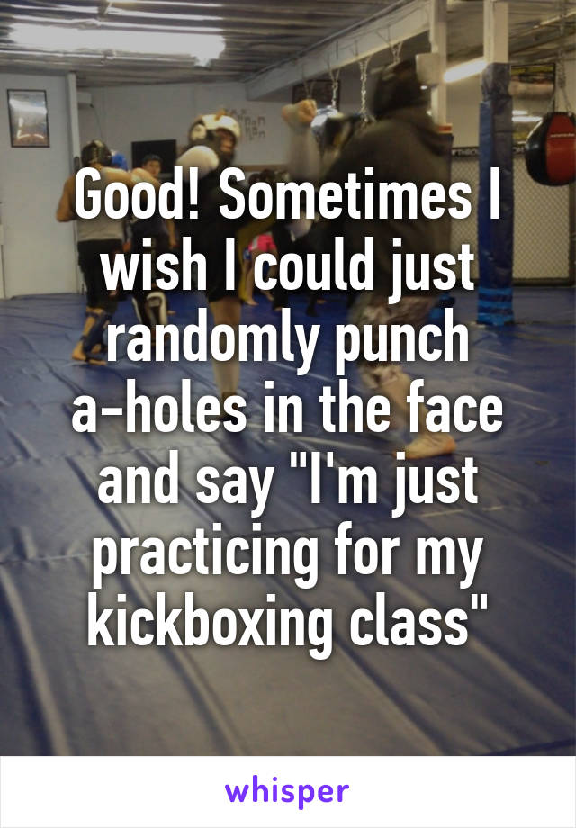 Good! Sometimes I wish I could just randomly punch a-holes in the face and say "I'm just practicing for my kickboxing class"