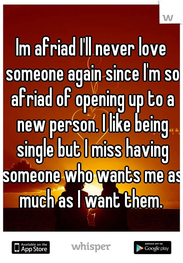 Im afriad I'll never love someone again since I'm so afriad of opening up to a new person. I like being single but I miss having someone who wants me as much as I want them. 