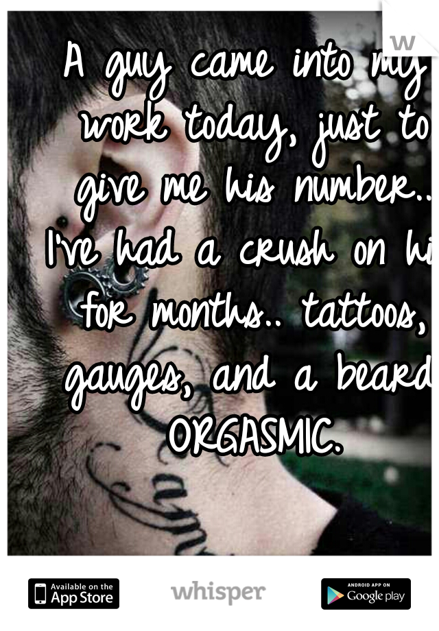 A guy came into my work today, just to give me his number.. I've had a crush on him for months.. tattoos, gauges, and a beard. ORGASMIC.