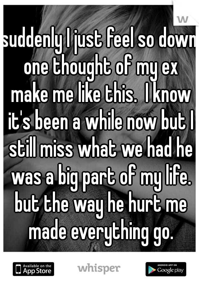 suddenly I just feel so down one thought of my ex make me like this.  I know it's been a while now but I still miss what we had he was a big part of my life. but the way he hurt me made everything go.