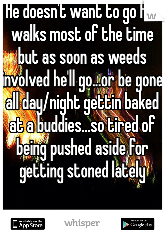 He doesn't want to go for walks most of the time but as soon as weeds involved he'll go...or be gone all day/night gettin baked at a buddies...so tired of being pushed aside for getting stoned lately