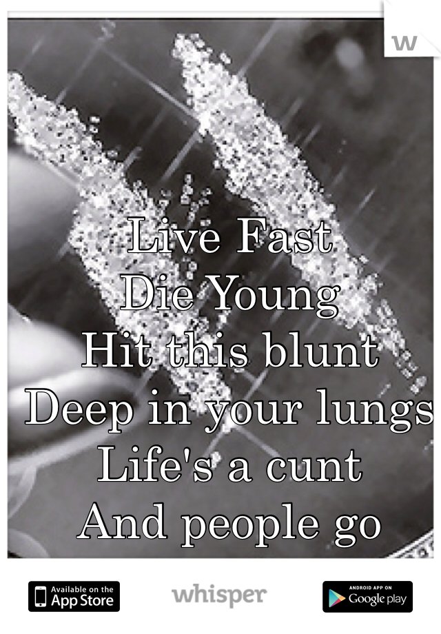 Live Fast
Die Young
Hit this blunt
Deep in your lungs
Life's a cunt 
And people go

