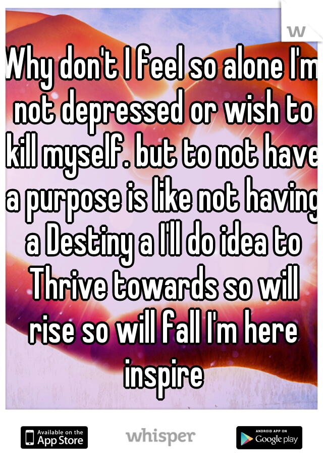 Why don't I feel so alone I'm not depressed or wish to kill myself. but to not have a purpose is like not having a Destiny a I'll do idea to Thrive towards so will rise so will fall I'm here inspire
