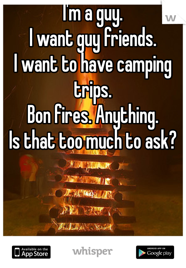 I'm a guy. 
I want guy friends. 
I want to have camping trips. 
Bon fires. Anything. 
Is that too much to ask?