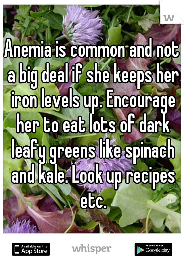 Anemia is common and not a big deal if she keeps her iron levels up. Encourage her to eat lots of dark leafy greens like spinach and kale. Look up recipes etc.