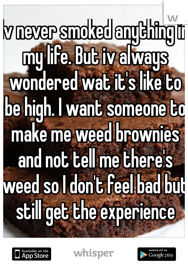 Iv never smoked anything in my life. But iv always wondered wat it's like to be high. I want someone to make me weed brownies and not tell me there's weed so I don't feel bad but still get the experience