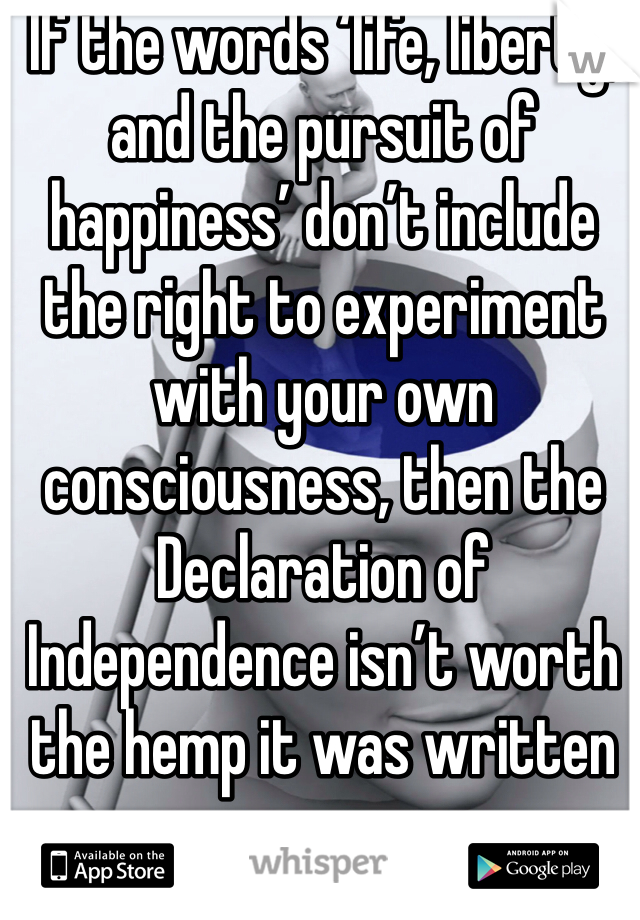 If the words ‘life, liberty, and the pursuit of happiness’ don’t include the right to experiment with your own consciousness, then the Declaration of Independence isn’t worth the hemp it was written on.
