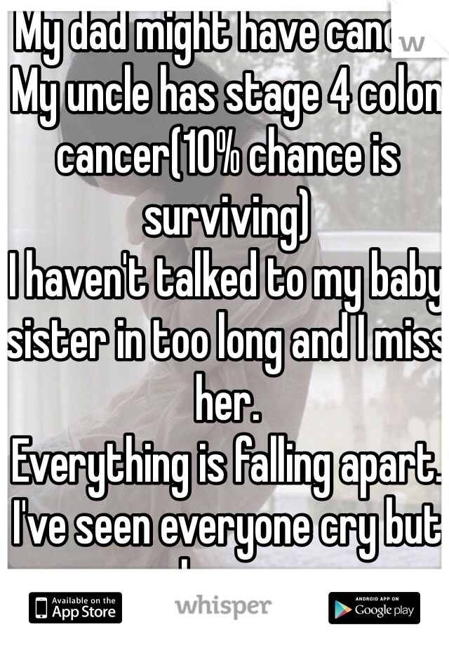 My dad might have cancer
My uncle has stage 4 colon cancer(10% chance is surviving)
I haven't talked to my baby sister in too long and I miss her.
Everything is falling apart. 
I've seen everyone cry but no one has seen me. 