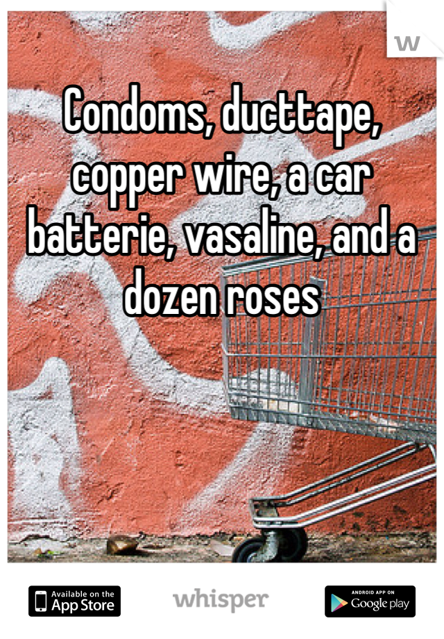 Condoms, ducttape, copper wire, a car batterie, vasaline, and a dozen roses