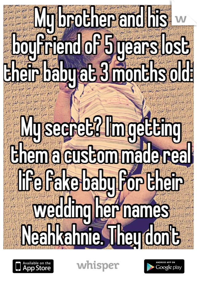 My brother and his boyfriend of 5 years lost their baby at 3 months old:( 

My secret? I'm getting them a custom made real life fake baby for their wedding her names Neahkahnie. They don't know yet. 