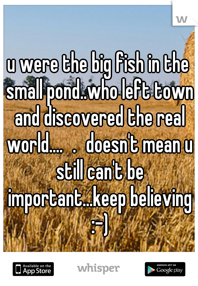 u were the big fish in the small pond..who left town and discovered the real world....
.
doesn't mean u still can't be important...keep believing :-)